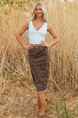Leopard Denim Frayed Split Denim Midi Skirt | Dress In Beauty