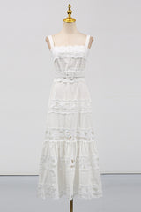 White Linen Lace Insert Midi Dress