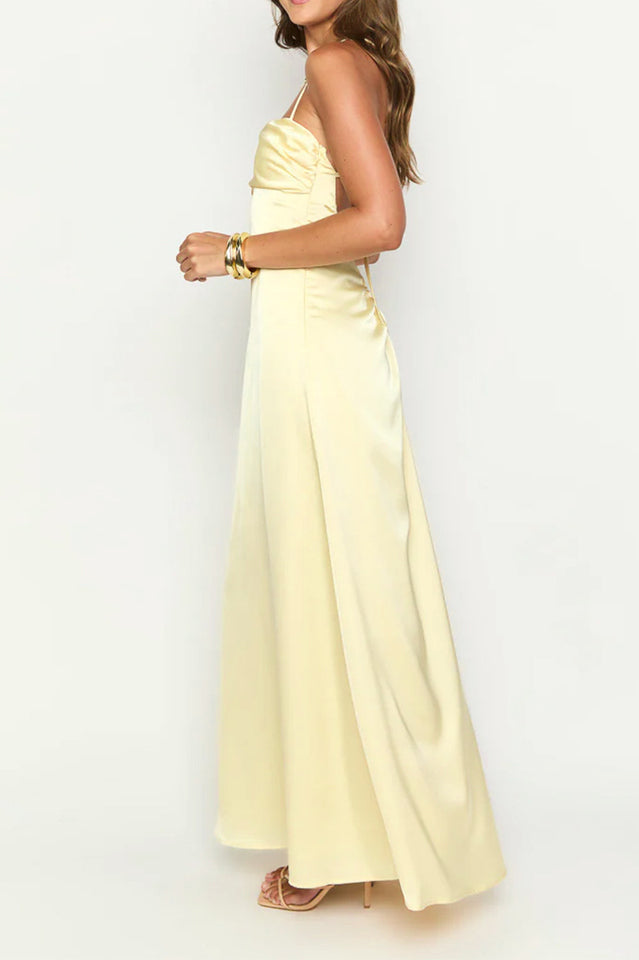 blaise yellow satin maxi dress Blaise Yellow Satin Maxi Dress Vivuki