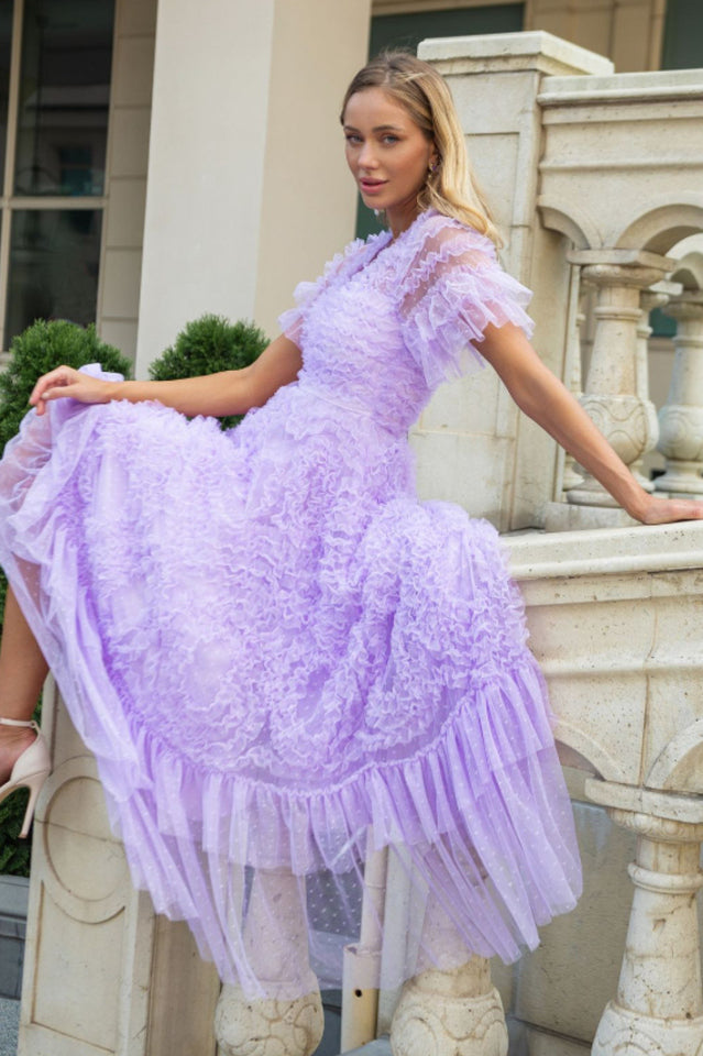 Ruffle Tiered Spotted Tulle Maxi Dress | Dress In Beauty