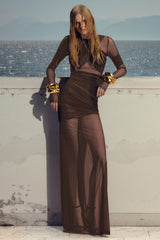 Long Sleeve Draped Mesh Maxi Dress