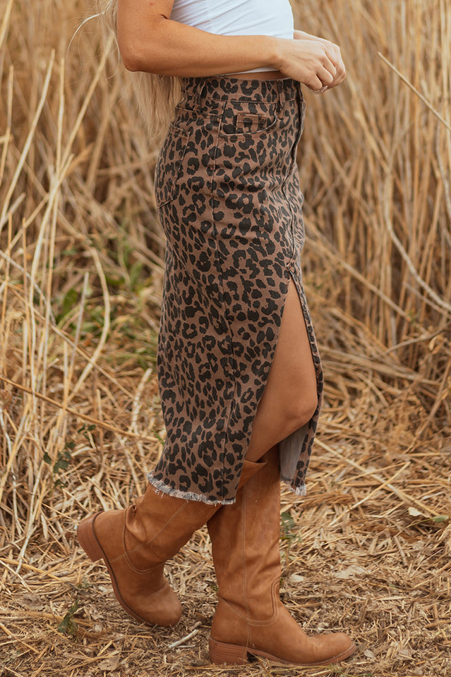 Leopard Denim Frayed Split Denim Midi Skirt | Dress In Beauty