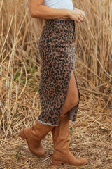Leopard Denim Frayed Split Denim Midi Skirt | Dress In Beauty