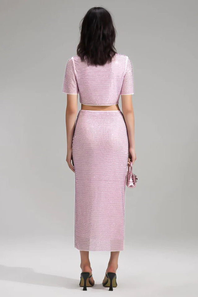 Pink Rhinestone Wrap Midi Skirt Set | Dress In Beauty