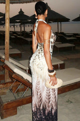 Lace Up V Neck Backless Maxi Dress