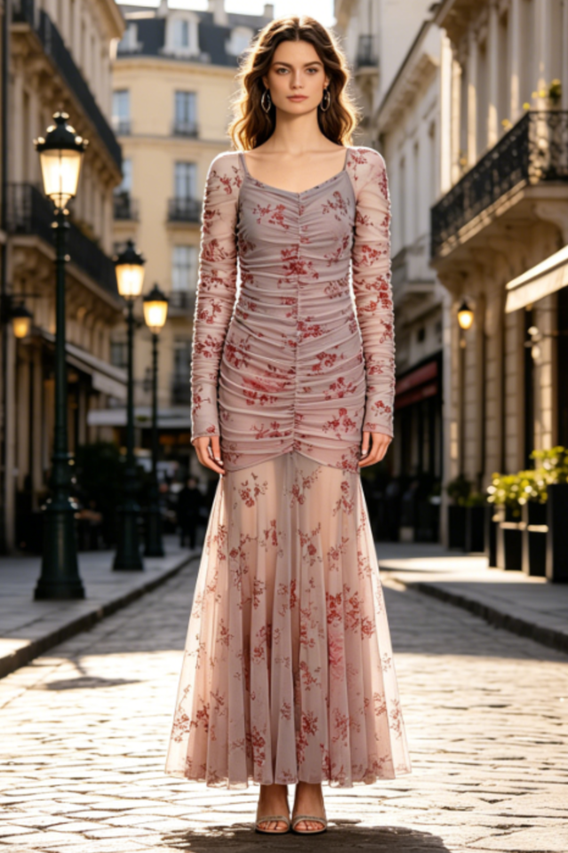 Floral Ruched Mesh Mermaid Maxi Dress | Dress In Beauty
