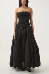 Strapless Ruched Puff Maxi Dress