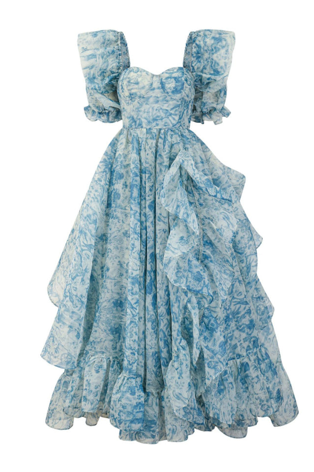 Puff Sleeve Floral Organza Layered Split Dress | Dress In Beauty