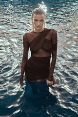 Long Sleeve Draped Mesh Maxi Dress