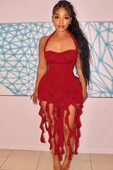 Ruffle Tassel Halter Bustier Mini Dress