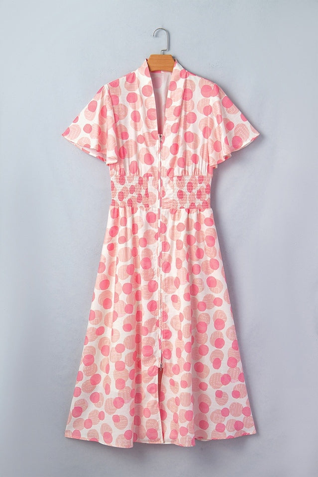 Pink Polka Dot Smocked Waist Midi Dress | Dress In Beauty