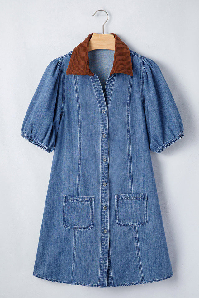 Corduroy Collar Puff Sleeve Denim Dress | Dress In Beauty