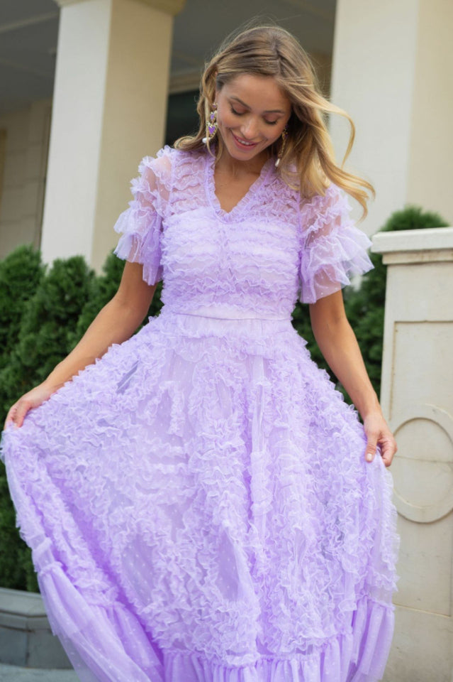 Ruffle Tiered Spotted Tulle Maxi Dress | Dress In Beauty