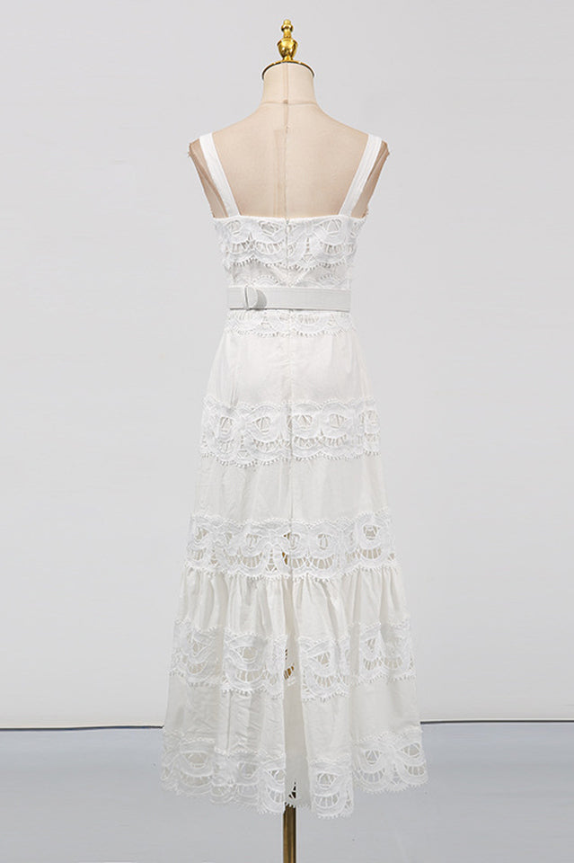 white linen lace insert midi dress White Lace Midi Dress Sleeveless Oversized Linen