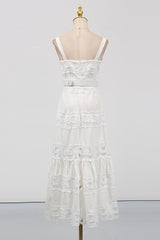White Linen Lace Insert Midi Dress