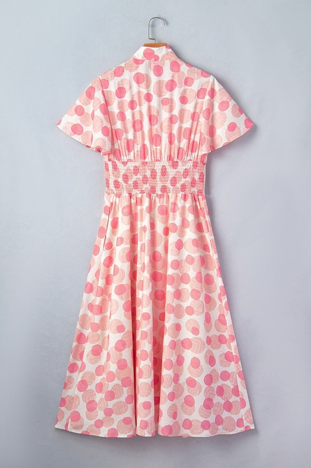 Pink Polka Dot Smocked Waist Midi Dress | Dress In Beauty