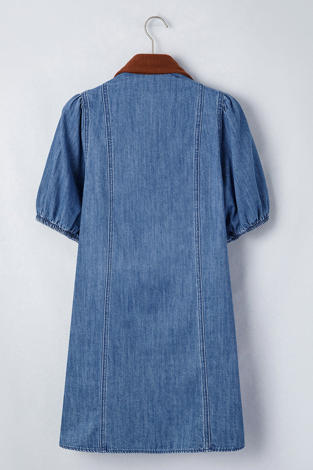 Corduroy Collar Puff Sleeve Denim Dress | Dress In Beauty