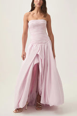 Strapless Ruched Puff Maxi Dress