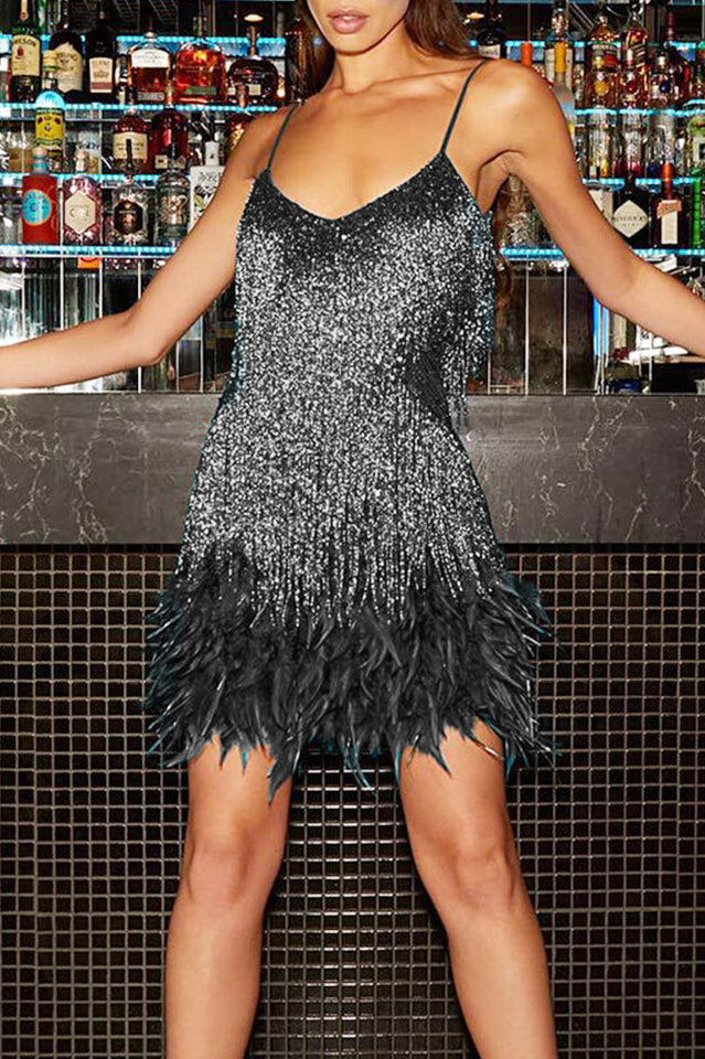 Sequin and feather cocktail dress sale