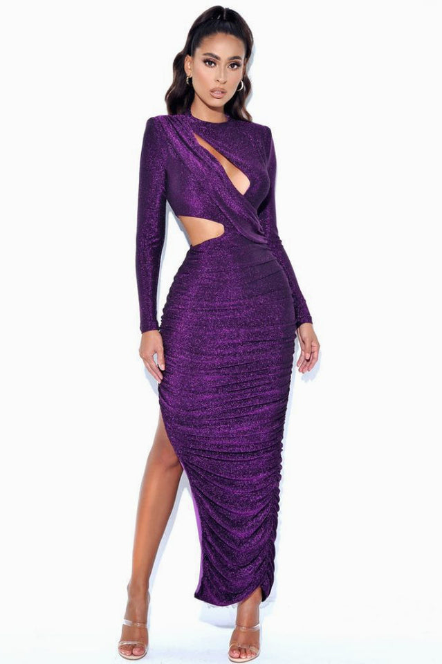 Sparkly Ruched Cutout Split Maxi Dress | Dress In Beauty