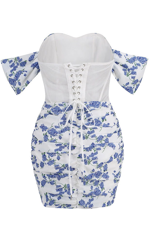 Blue Print Ruched Floral Mini Dress | Dress In Beauty