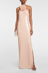 Glitter Rosette Halter Sequined Maxi Dress