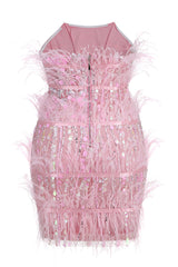 Senara Strapless Sequin Feather Mini Dress | Dress In Beauty