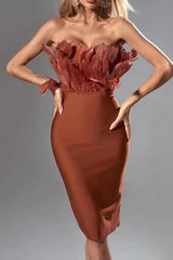 Parry Feather Strapless Midi Bandage Dress