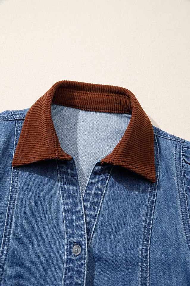 Corduroy Collar Puff Sleeve Denim Dress | Dress In Beauty
