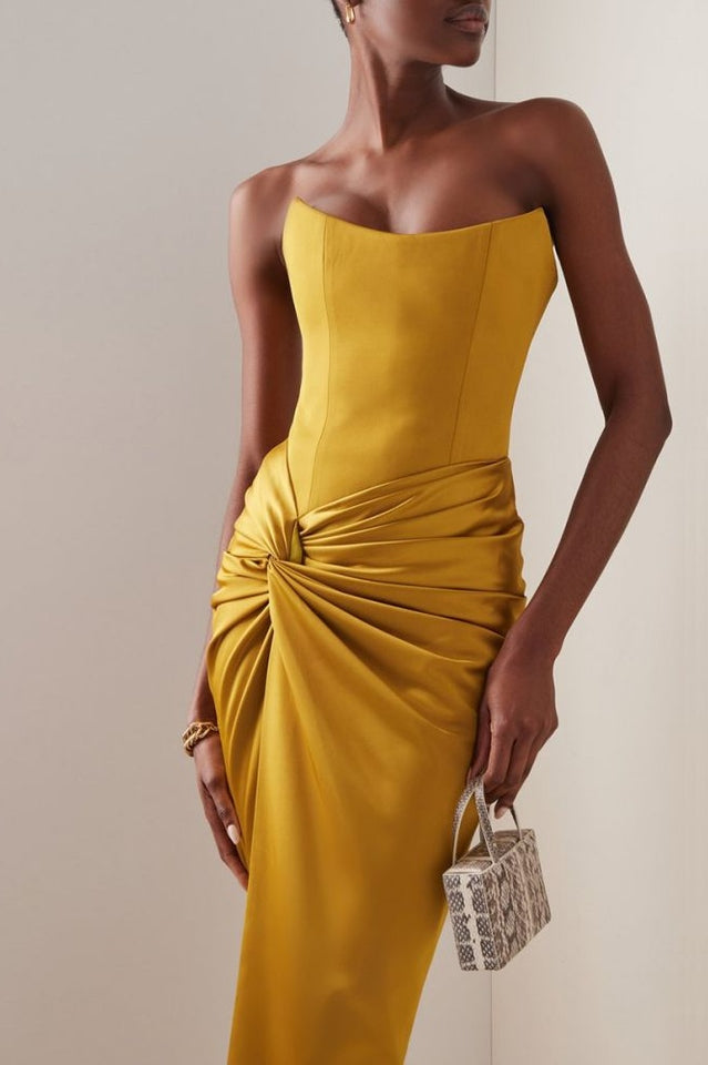 Mustard Draped Satin Corset Maxi Dress | Dress In Beauty