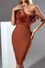 Parry Feather Strapless Midi Bandage Dress