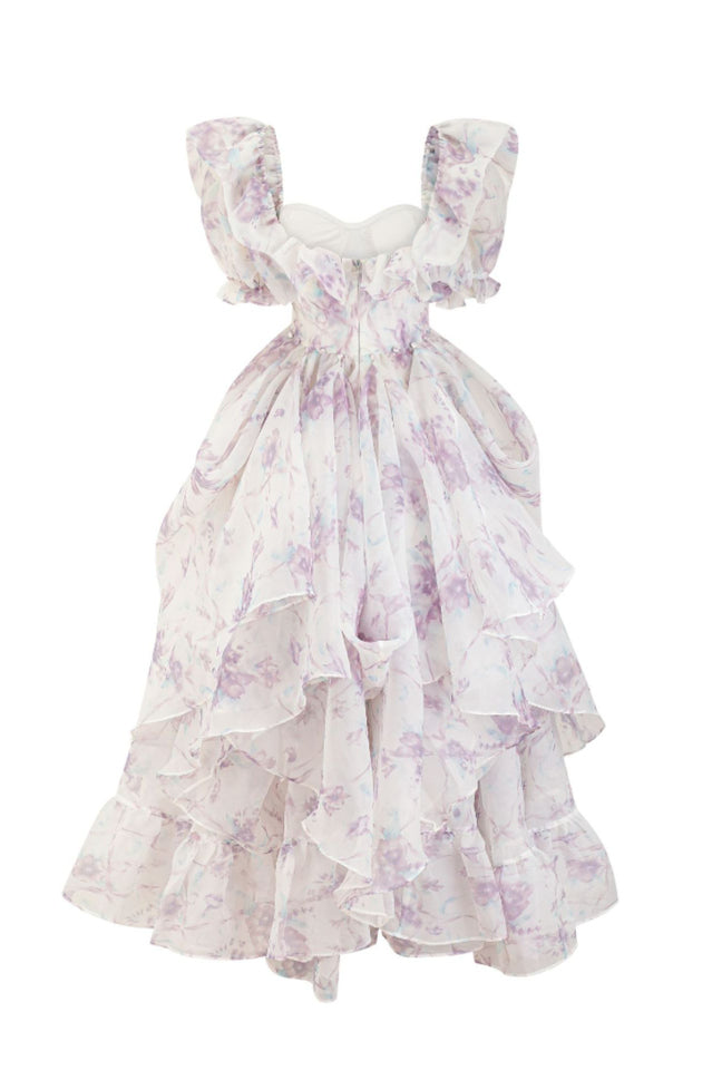Puff Sleeve Floral Organza Layered Split Dress | Dress In Beauty