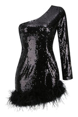 Romy One Shoulder Sequin Feather Mini Dress | Dress In Beauty