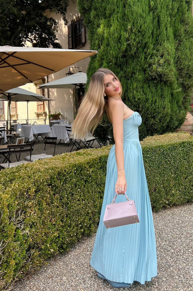 marcella add to wishlist ocean blue pleated maxi dress Marcella Ocean Blue Pleated Maxi Dress for Hire Online & In-store