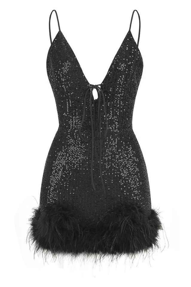 Mini Sequin Dress With Feather Trim | Dress In Beauty