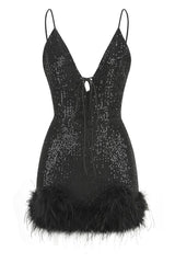 Mini Sequin Dress With Feather Trim | Dress In Beauty