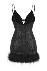 Mini Sequin Dress With Feather Trim | Dress In Beauty