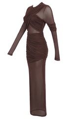 Long Sleeve Draped Mesh Maxi Dress