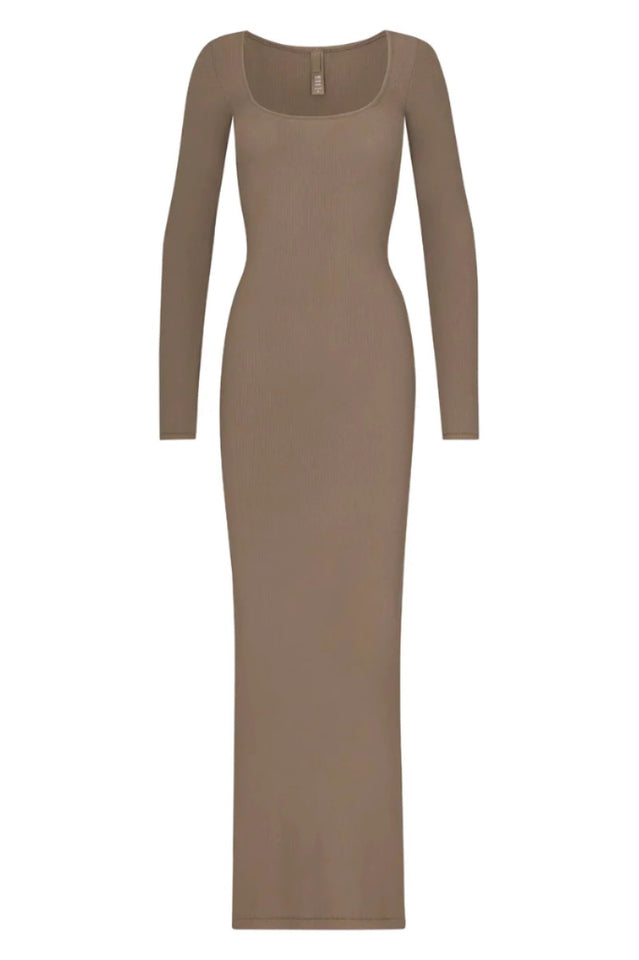 skims long sleeve dress brown Skims Brown Soft Lounge Rib Long Sleeve Dress In Cocoa - 30% Off