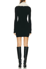 Fluffy Collared Zip Detailed Knit Dress