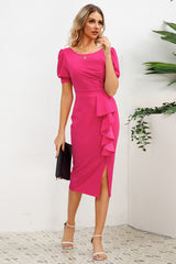 Puff Sleeve Ruffle Slit Bodycon Midi Dress