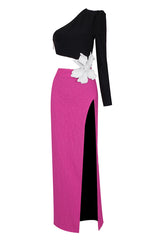 Jacquard One-Shoulder Flower Appliqué Dress | Dress In Beauty
