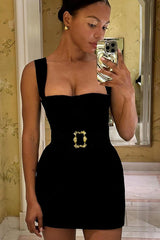 Solid Metallic Buckle Belted Mini Dress