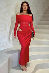 Off-Shoulder Mesh Hollow-Out Bodycon Dress