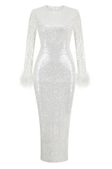 Long Sleeve Feather Detail Sequin Midi Dress | Dress In Beauty