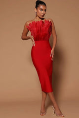 Parry Feather Strapless Midi Bandage Dress