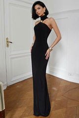 Golden Bead Trim Halter Sheath Dress