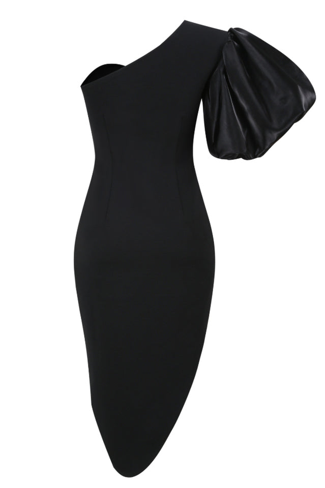 Black Puff Sleeve Asymmetric Midi Dress | Dress In Beauty