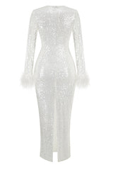 Long Sleeve Feather Detail Sequin Midi Dress | Dress In Beauty