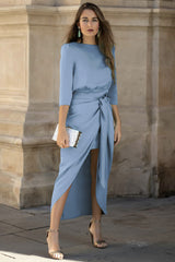 3/4-Sleeve Satin Asymmetrical Plain Dress | Dress In Beauty